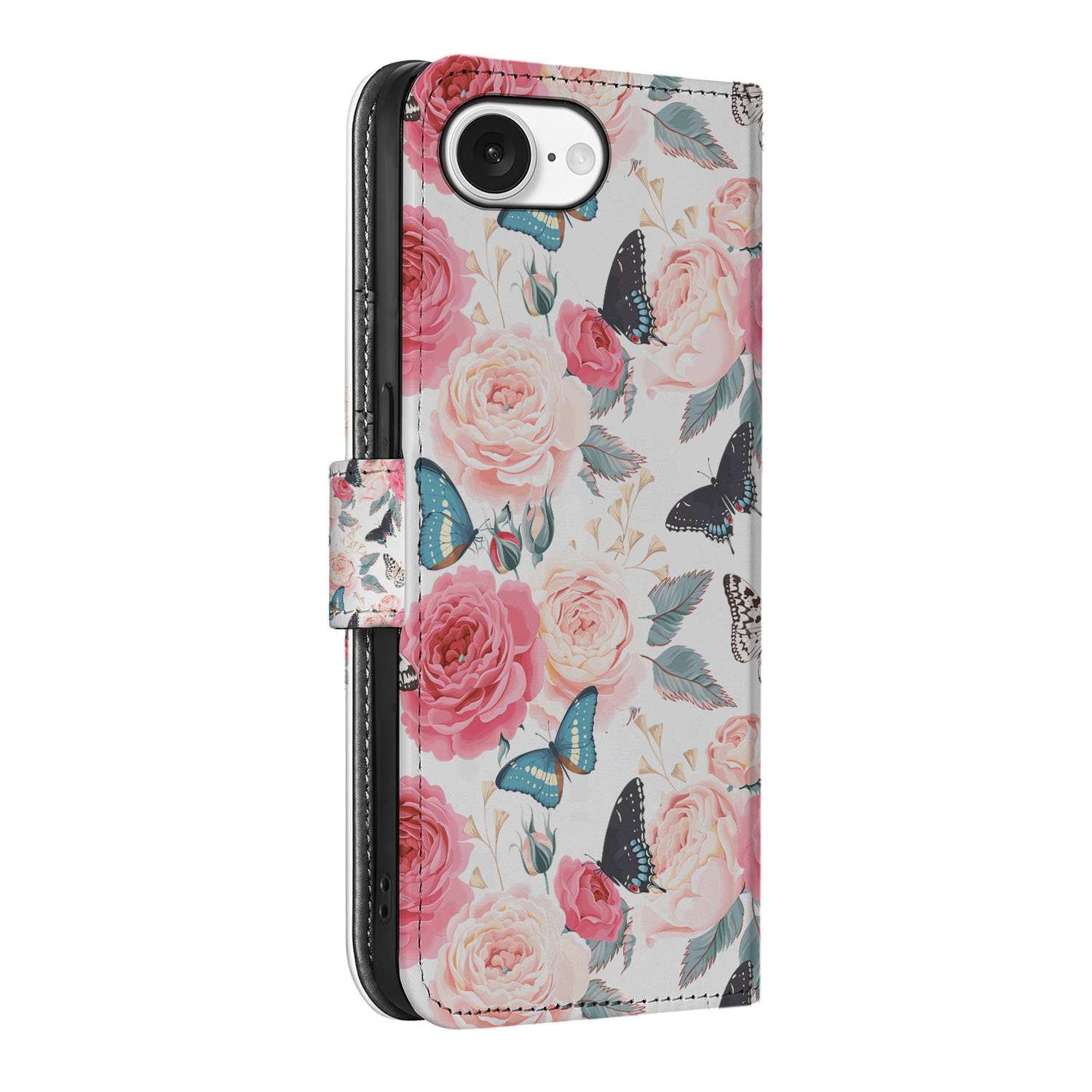 iPhone 16e Hoesje Butterfly Roses met roze rozen en vlinders op een elegante telefoonhoes.