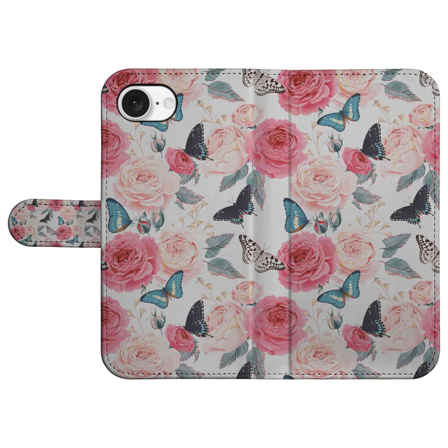 iPhone 16e Hoesje Butterfly Roses met roze rozen en vlinders voor een romantische uitstraling.