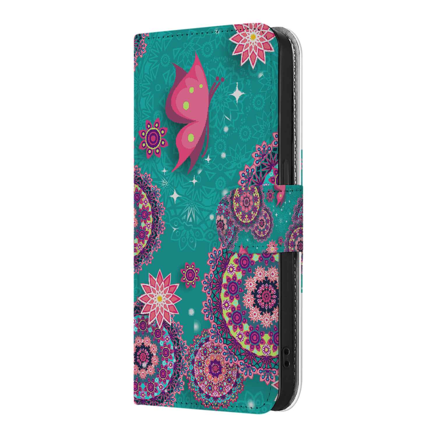 iPhone 16e Hoesje Cirkels en Vlinders met kleurrijke patronen en een vlinderdesign.