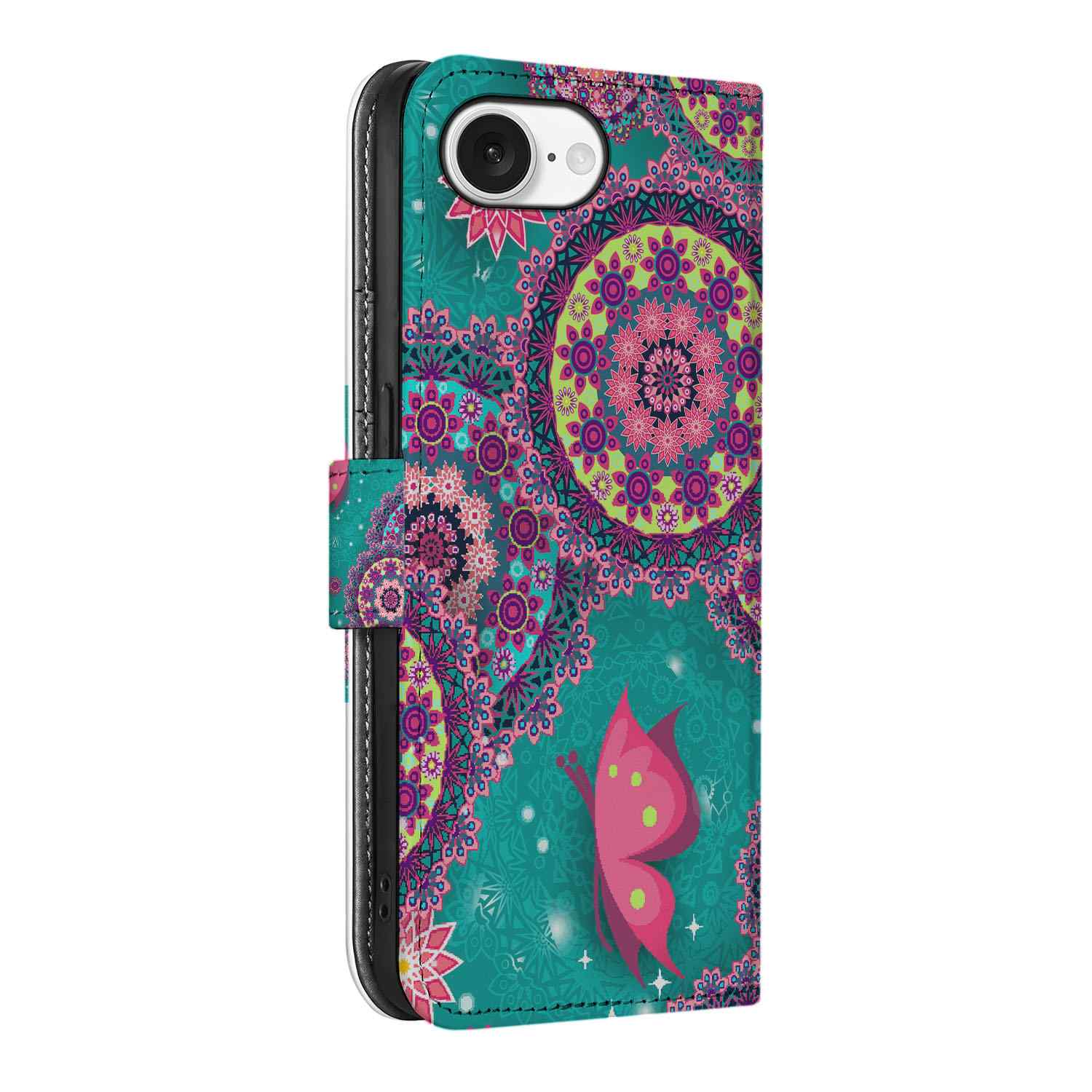 iPhone 16e Hoesje Cirkels en Vlinders met kleurrijke mandala's en een vlinder design.