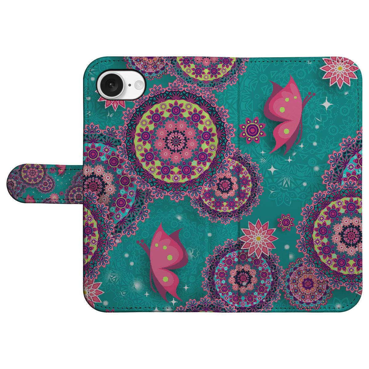 iPhone 16e Hoesje Cirkels en Vlinders met kleurrijke mandala en vlinders op een turquoise achtergrond.