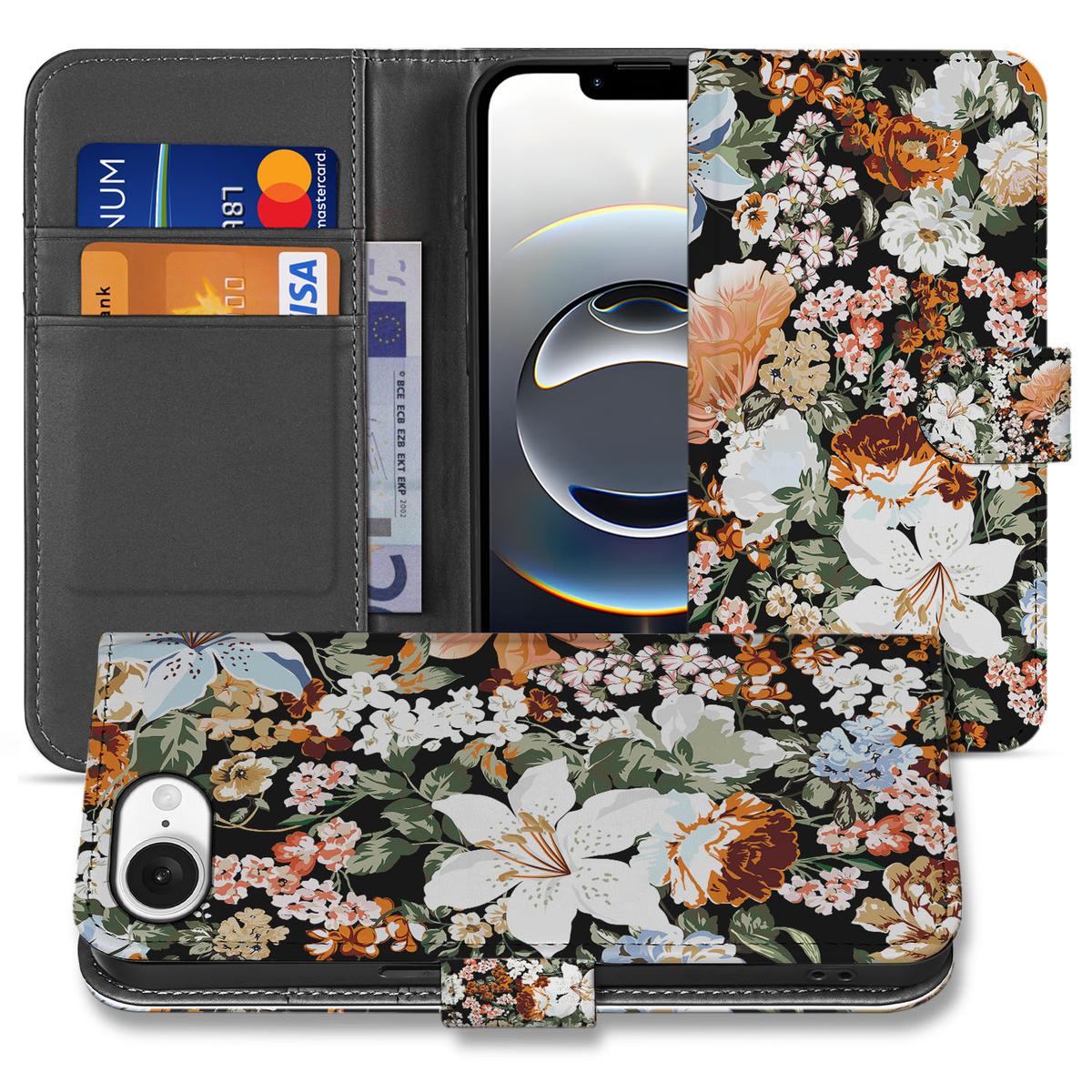 Hoesje voor iPhone 16e Dark Flowers met bloemenprint en ruimte voor drie pasjes.