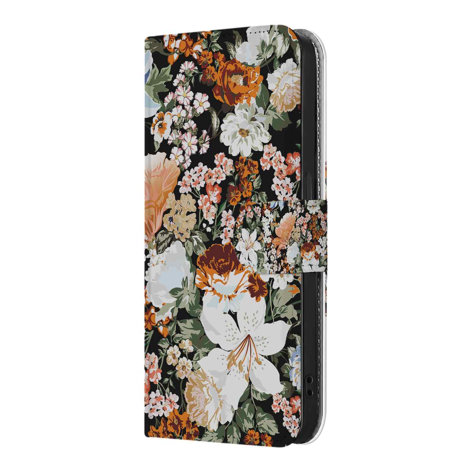 Hoesje voor iPhone 16e Dark Flowers met bloemdesign en pasjeshouder, perfect voor stijl en functionaliteit.