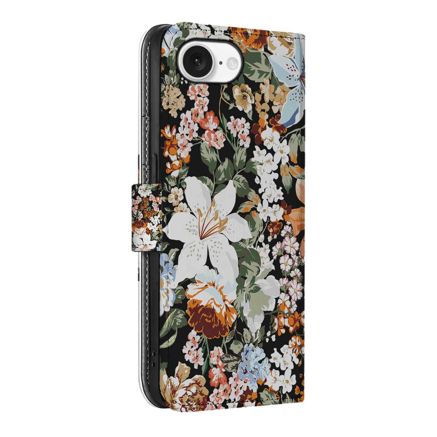 Hoesje voor iPhone 16e Dark Flowers met kleurrijk bloemenontwerp en praktische sluit lipje.