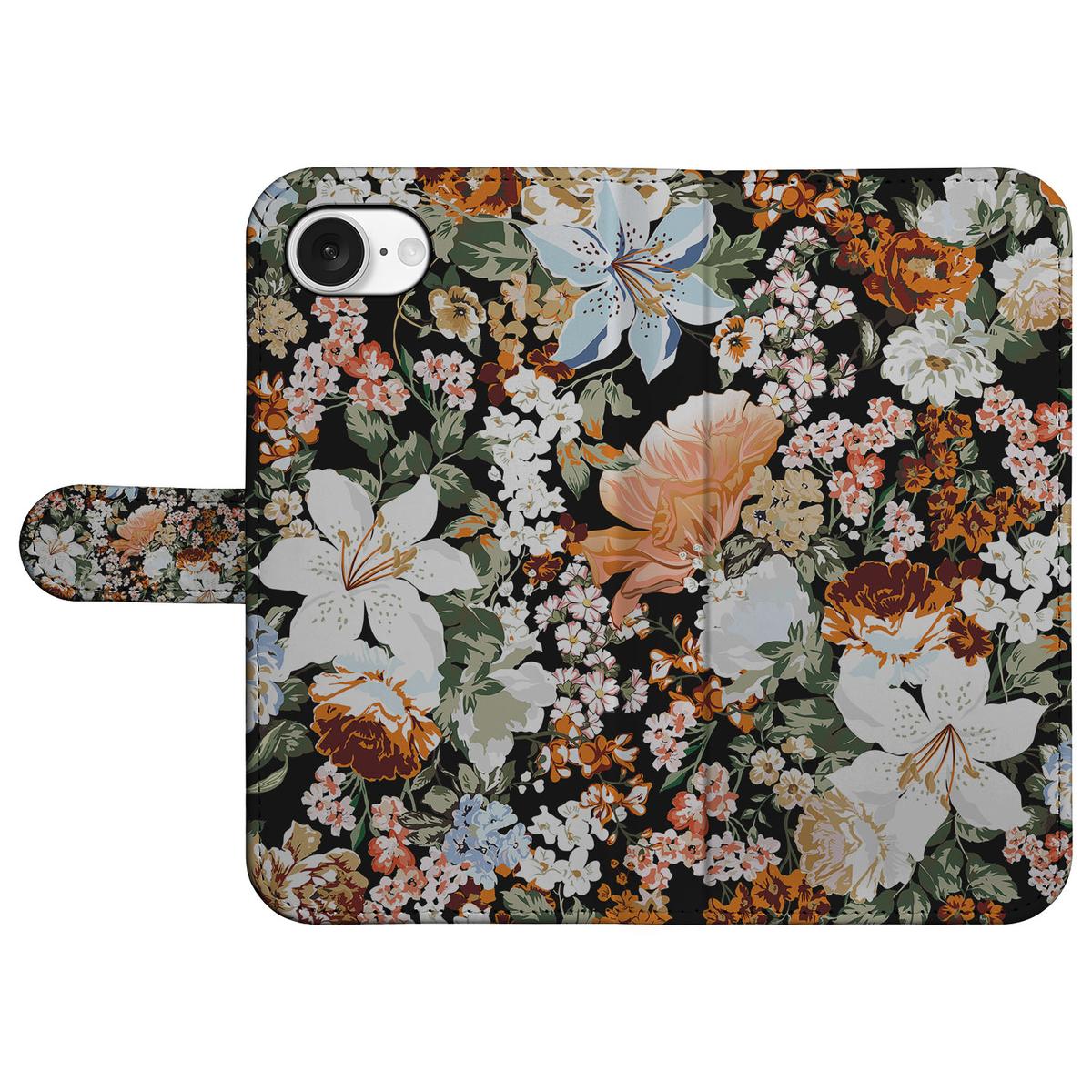 Hoesje voor iPhone 16e Dark Flowers met kleurrijk bloemenpatroon op zwart