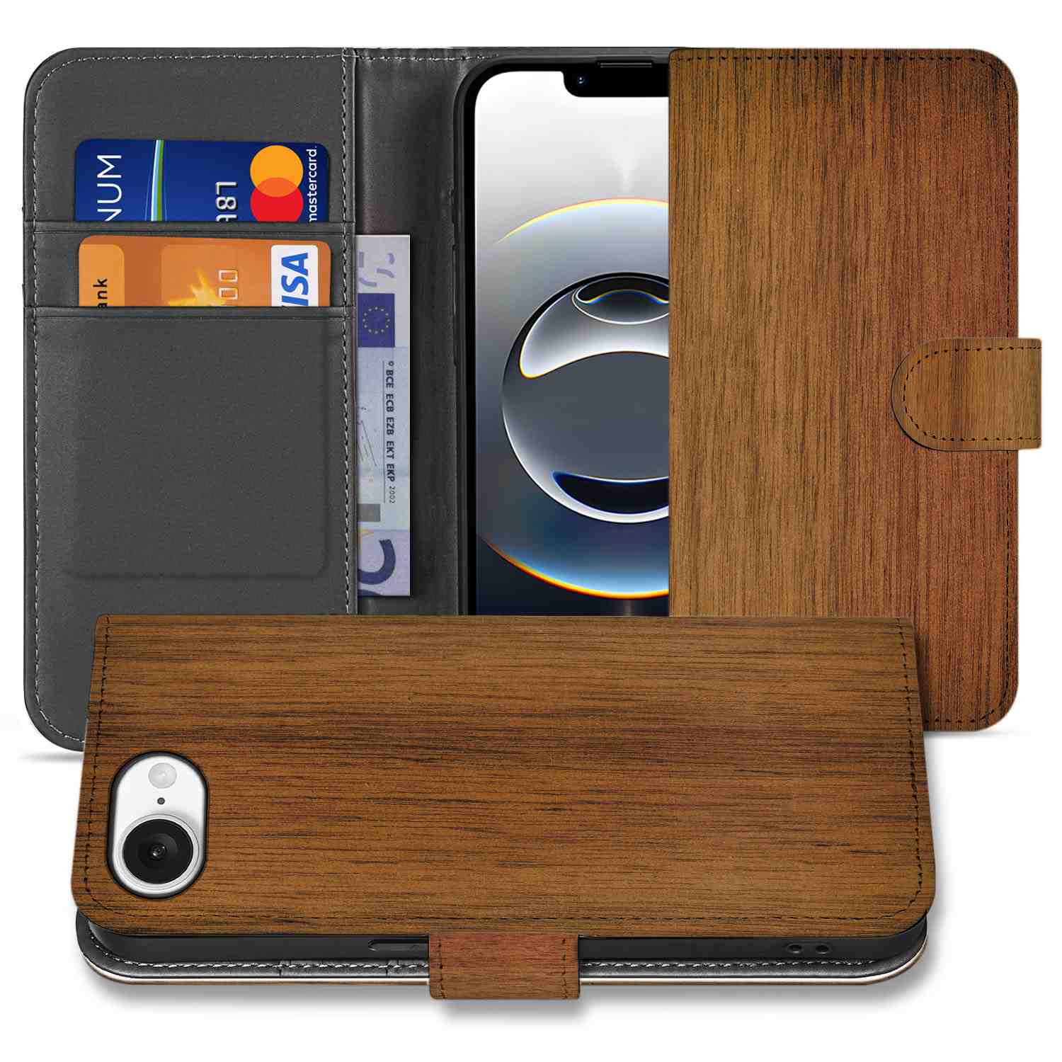 iPhone 16e Book Style Case Donker Hout met houtprint en ruimte voor betaalkaarten
