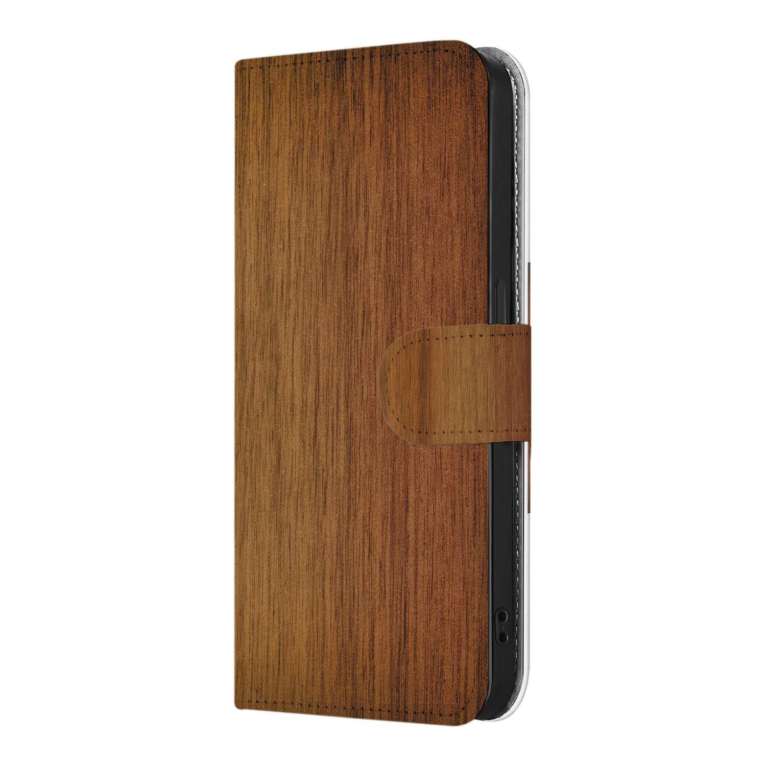 iPhone 16e Book Style Case Donker Hout met een luxe houten afwerking en een sluiting.