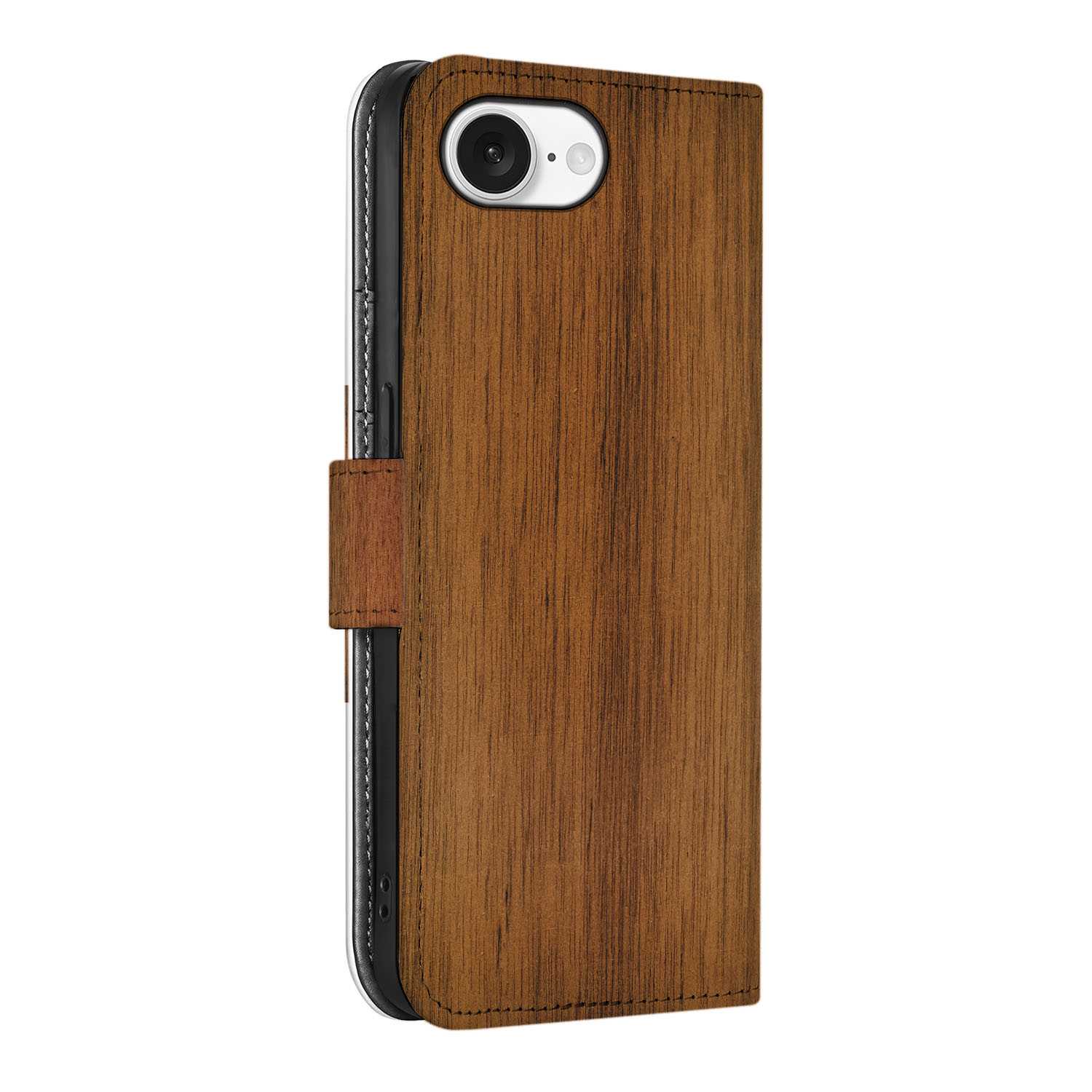 iPhone 16e Book Style Case Donker Hout, houten hoesje met TPU en kunstleer afwerking.