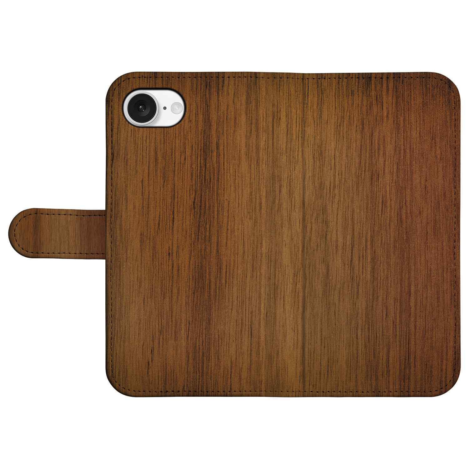 iPhone 16e Book Style Case Donker Hout met een houtprint en TPU en kunstleer materiaal.