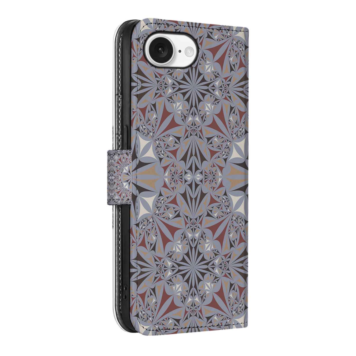 iPhone 16e Bookcase Flower Tiles met een prachtig bloemmotief in neutrale kleuren.