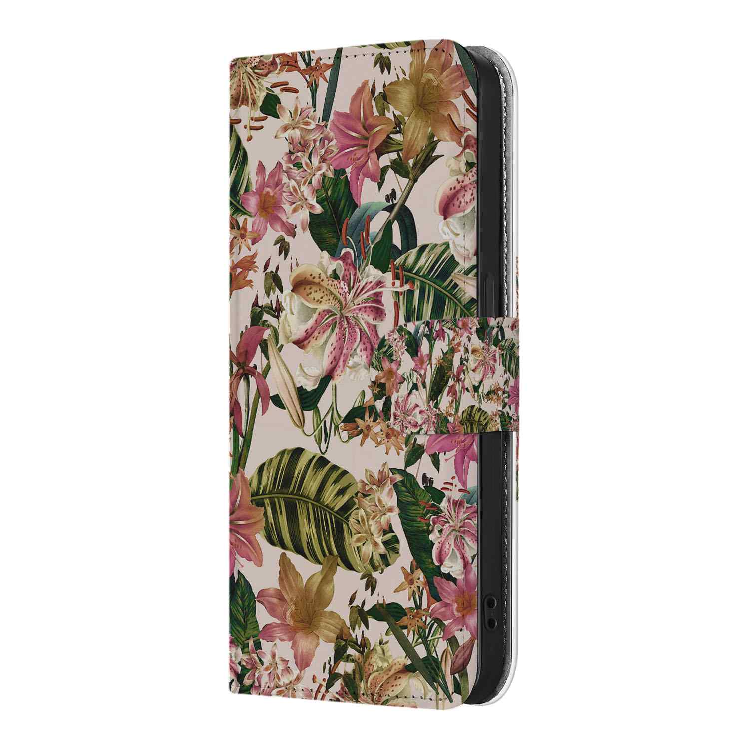 iPhone 16e Hoesje Flowers met kleurrijke bloemen en bladeren, tropisch ontwerp met ruimte voor pasjes.