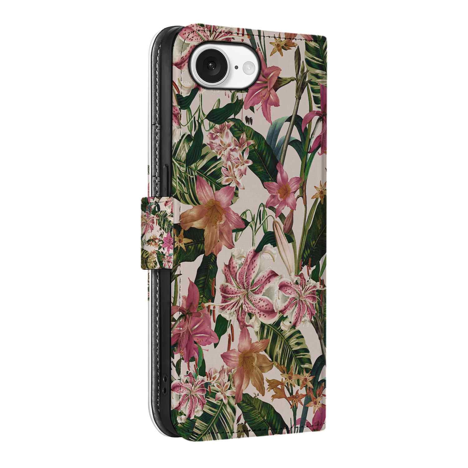 iPhone 16e Hoesje Flowers met paars witte bloemen en groene bladeren, tropisch design en ruimte voor pasjes.