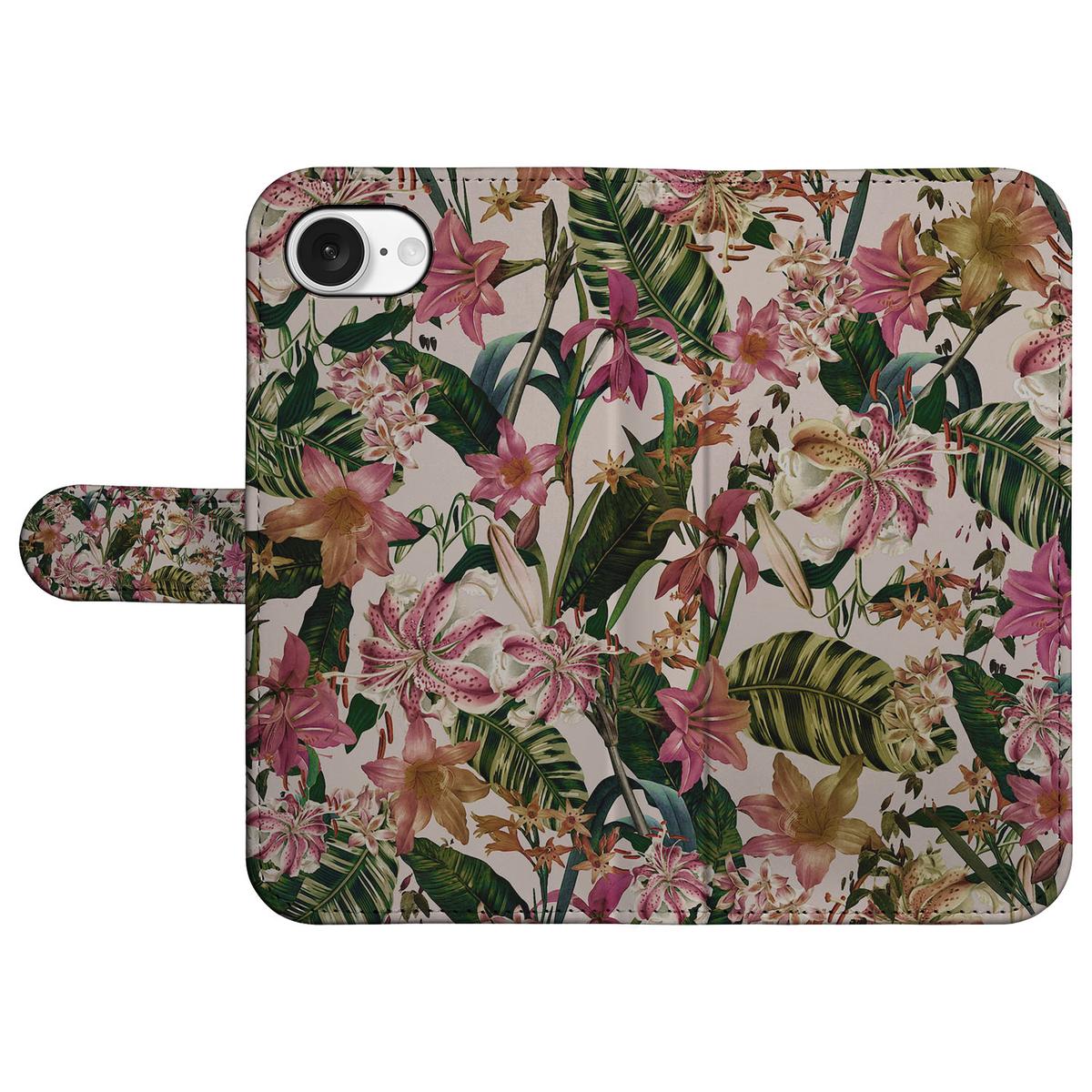 iPhone 16e Hoesje Flowers met tropisch bloemdesign en groene bladeren, perfect voor pasjes en geld.