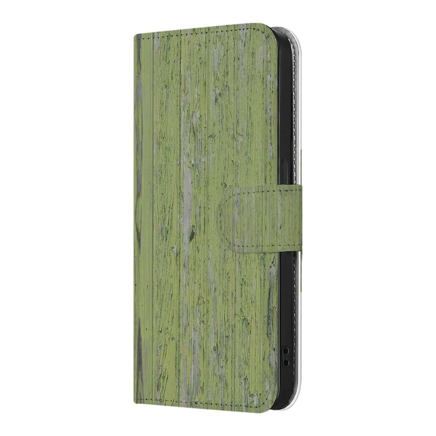 iPhone 16e Book Style Case Green Wood showing a stylish green wood design.