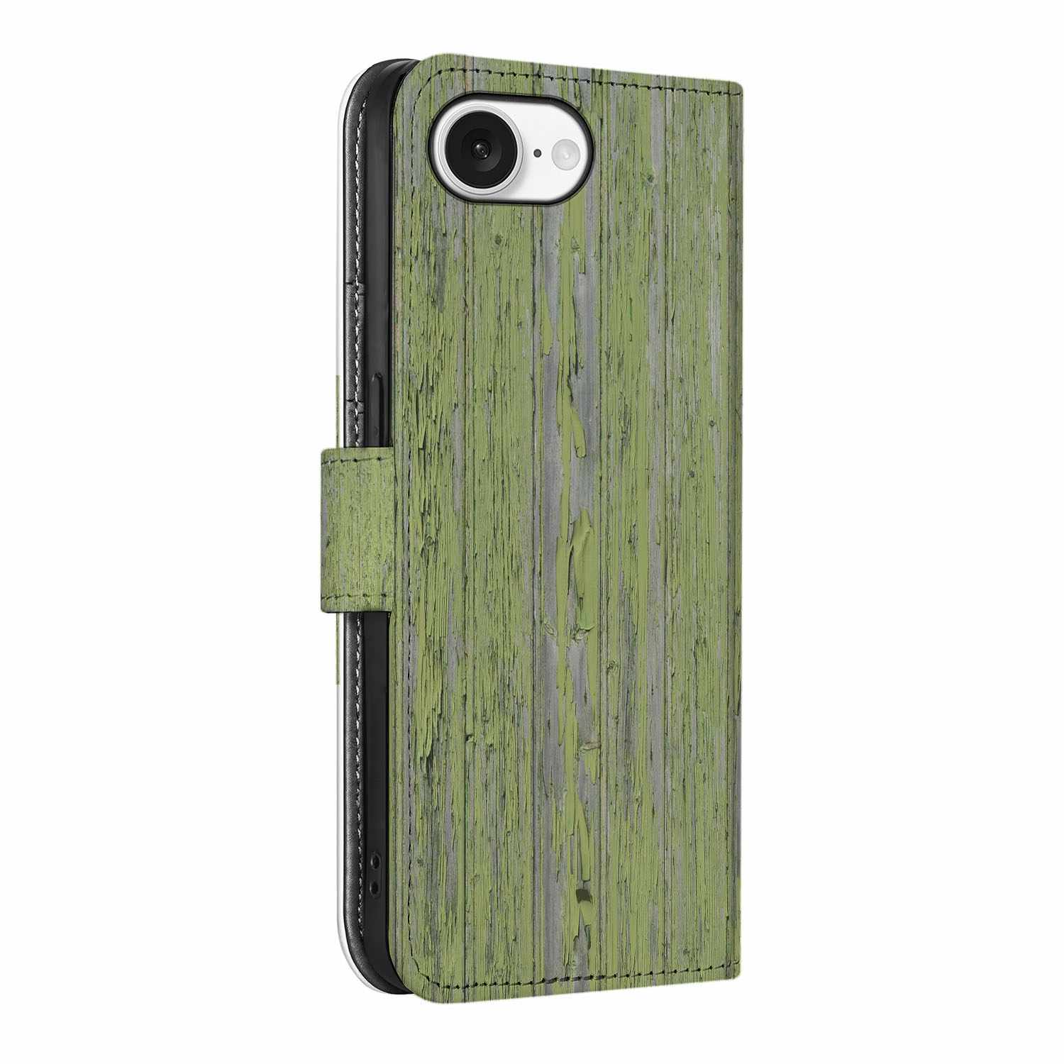 iPhone 16e Book Style Case Green Wood on display with a textured green wood design.