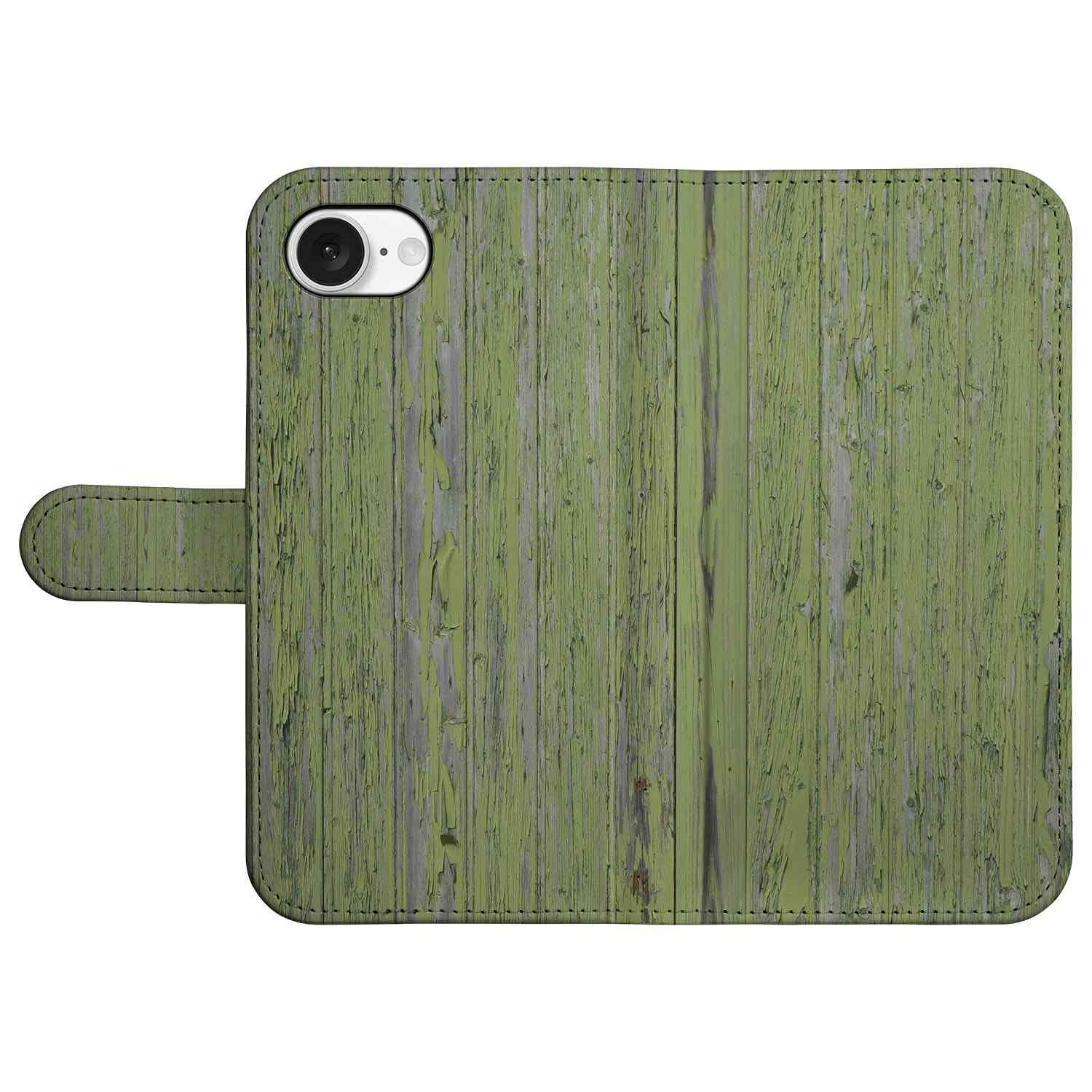iPhone 16e Book Style Case Green Wood with textured green wood design and a secure closure flap.