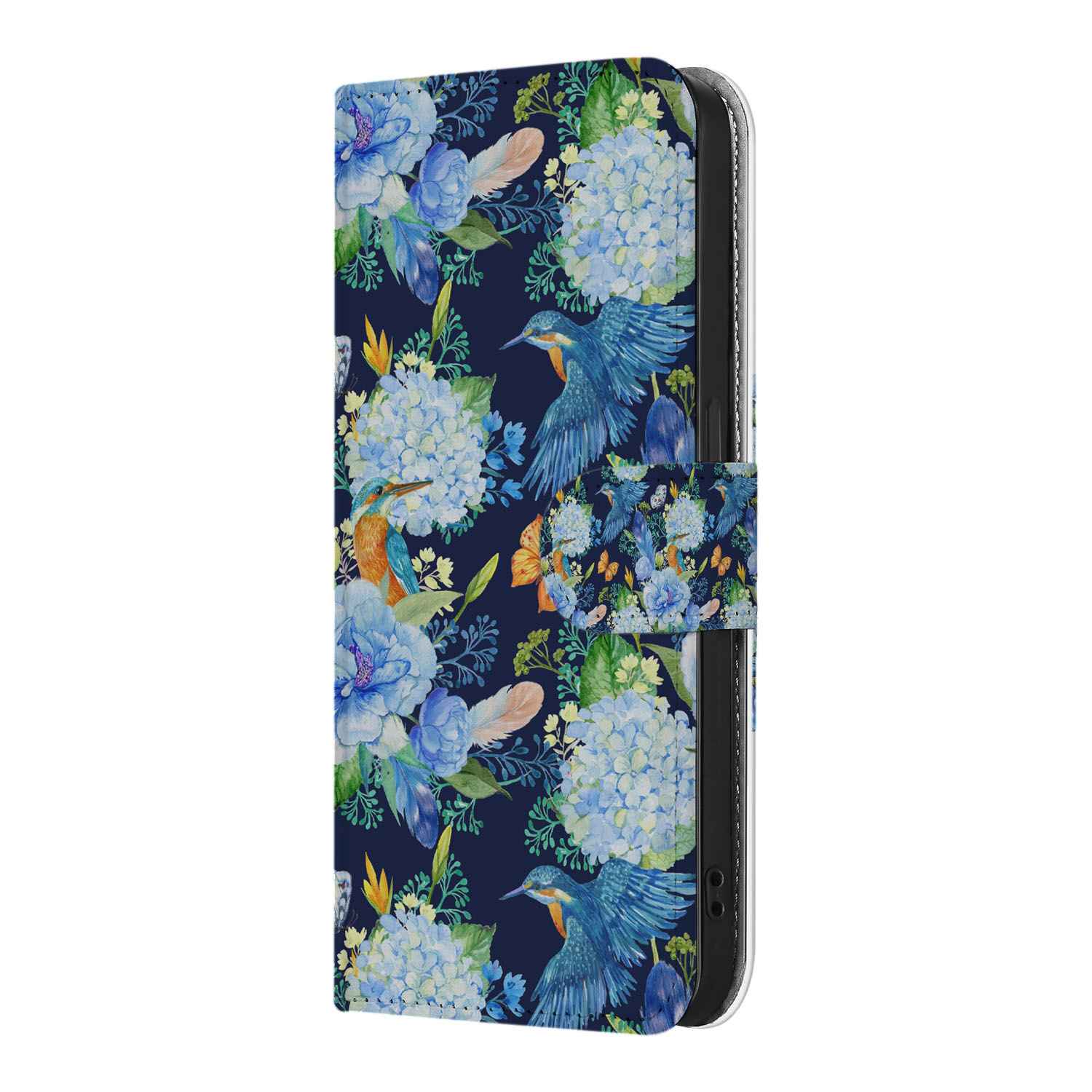 Telefoonhoesje met Pasjes voor iPhone 16e IJsvogel met bloemen en ijsvogel design op een blauwe achtergrond.