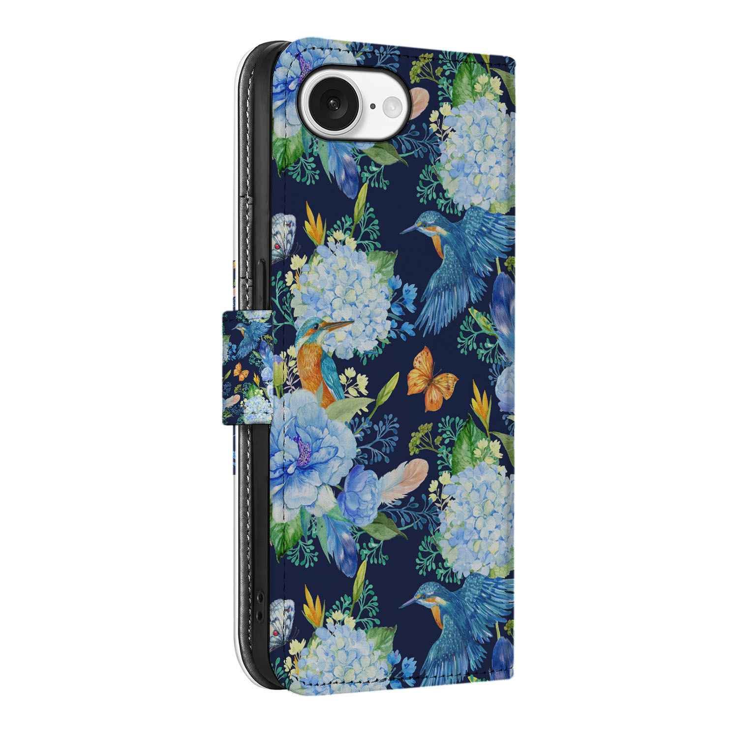 Telefoonhoesje met Pasjes voor iPhone 16e IJsvogel met bloemenprint op een blauwe achtergrond.