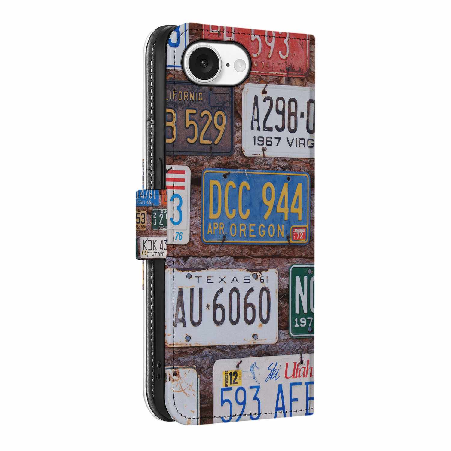 iPhone 16e Telefoonhoesje met foto Kentekenplaten met verschillende kleurrijke Amerikaanse kentekenplaten.