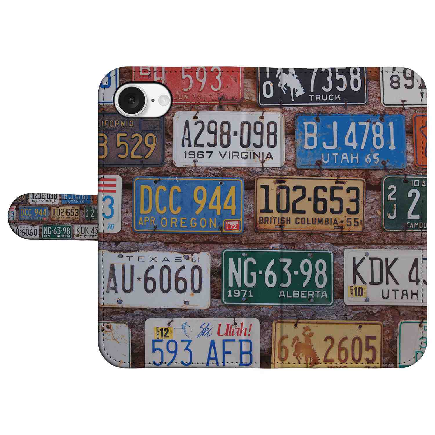 iPhone 16e Telefoonhoesje met foto Kentekenplaten collage van kleurrijke Amerikaanse kentekenplaten