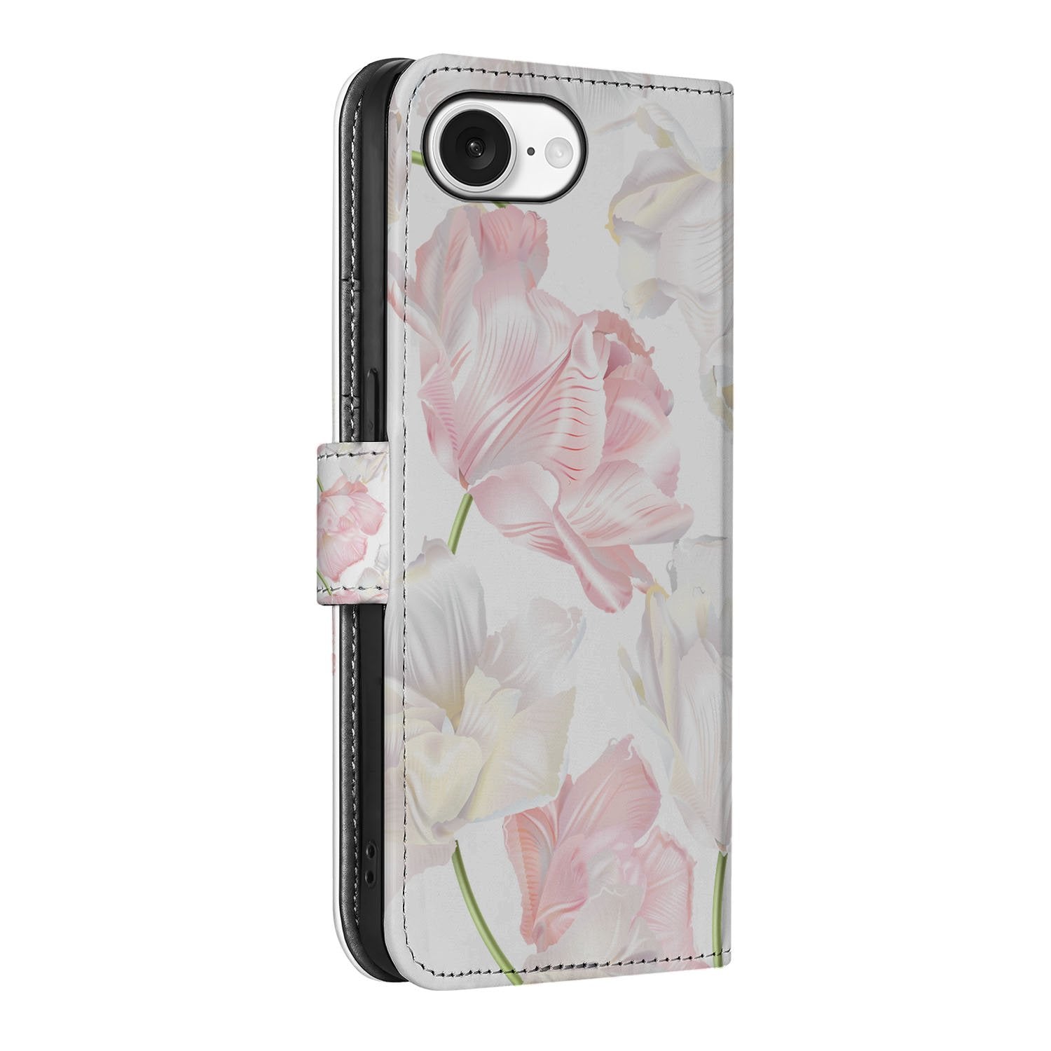 iPhone 16e Hoesje Lovely Flowers met elegante roze en witte bloemen op een boekhoesje.