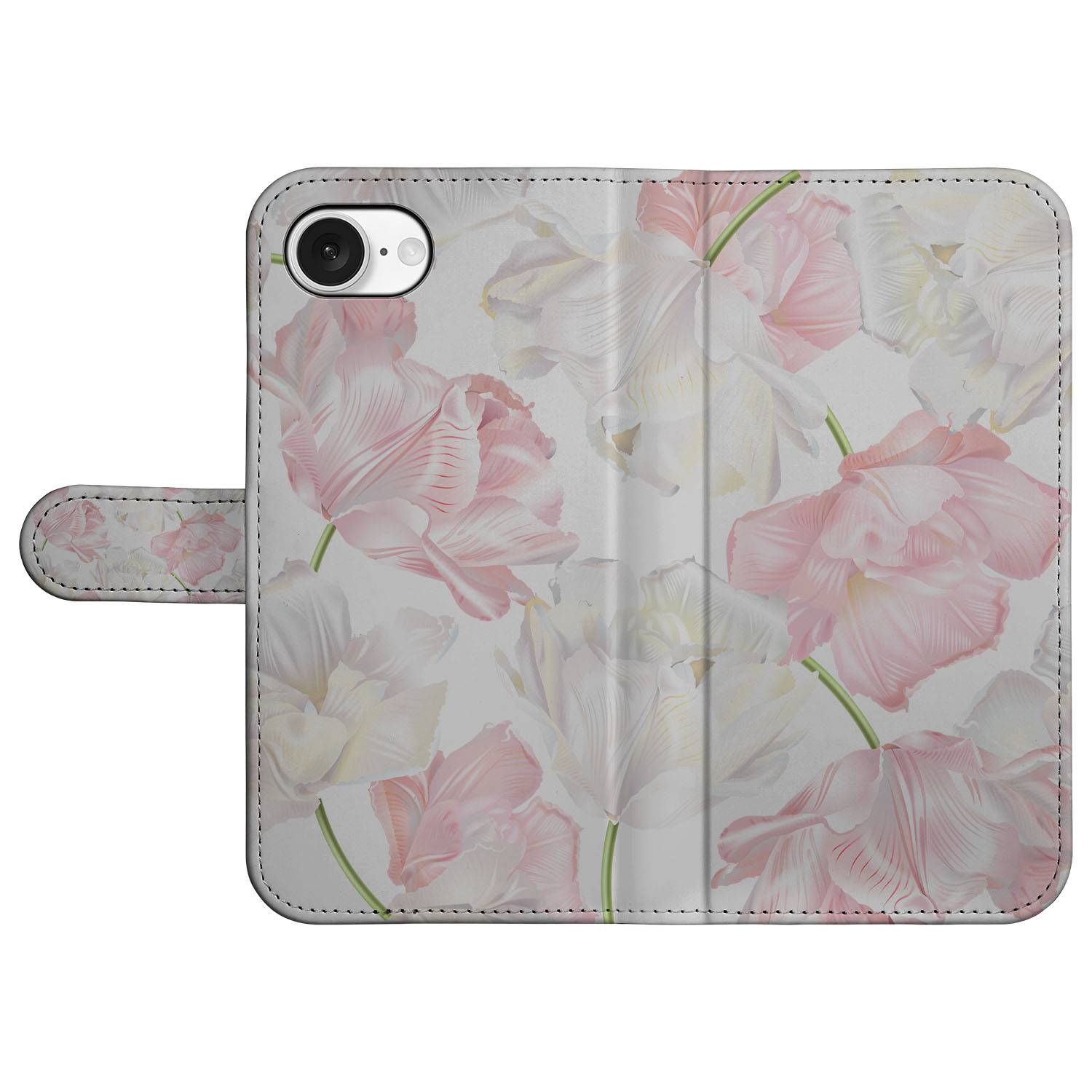 iPhone 16e Hoesje Lovely Flowers met elegante roze en witte bloemen op de hoes.