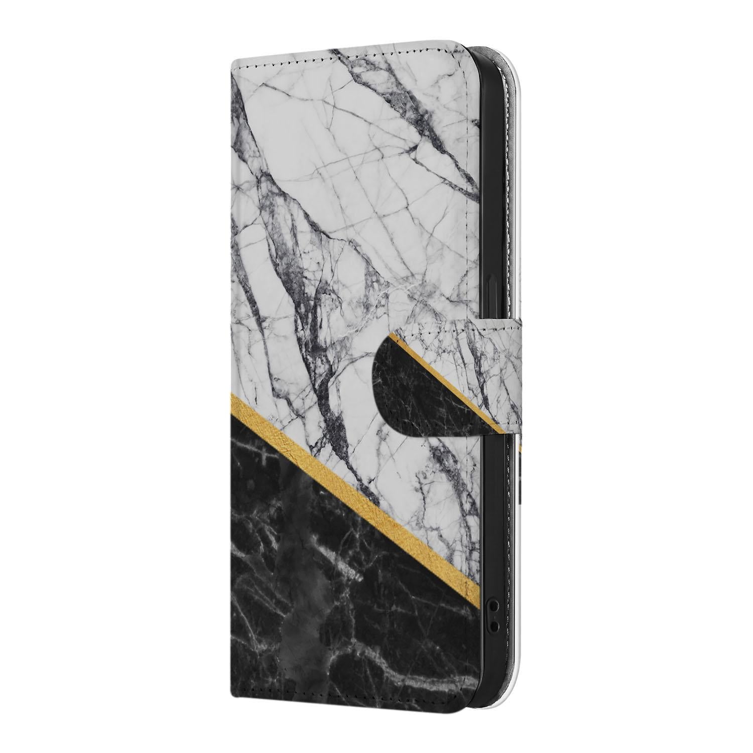 iPhone 16e Bookcase Marmer Wit Zwart - Origineel Cadeau Man met luxe zwart-wit marmerdesign en gouden accent.