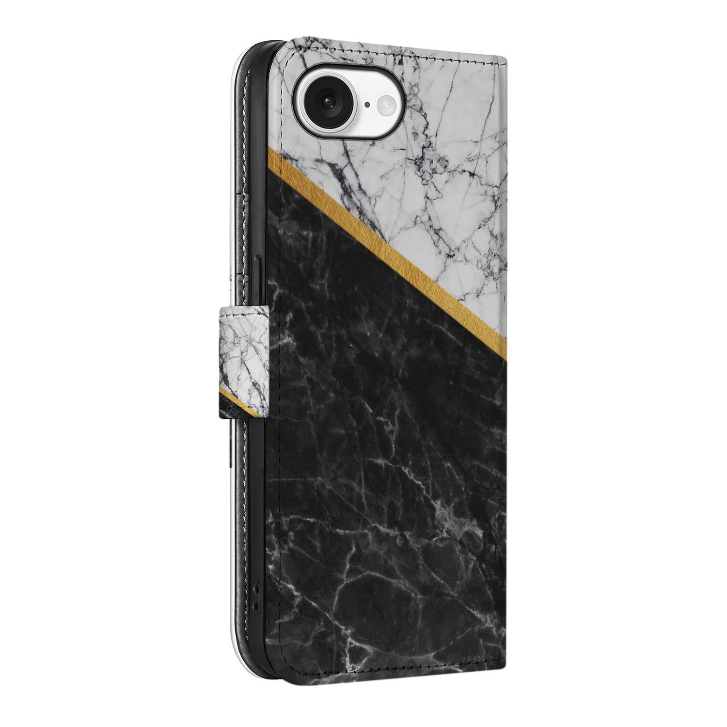 iPhone 16e Bookcase Marmer Wit Zwart - Origineel Cadeau Man met luxe zwart-wit marmer design en gouden lijn