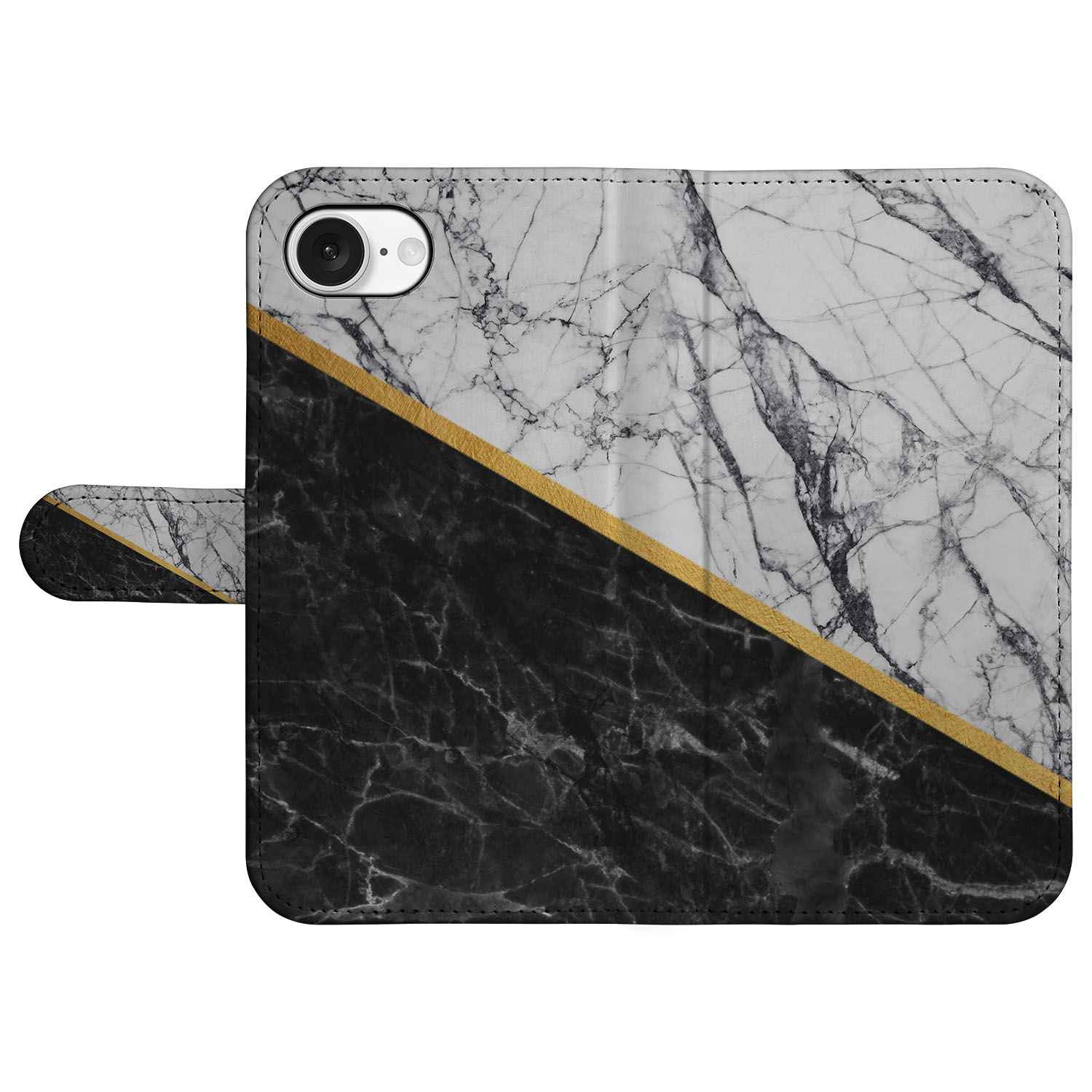 iPhone 16e Bookcase Marmer Wit Zwart - Origineel Cadeau Man met luxe zwart-wit marmer patroon en gouden scheidingslijn.