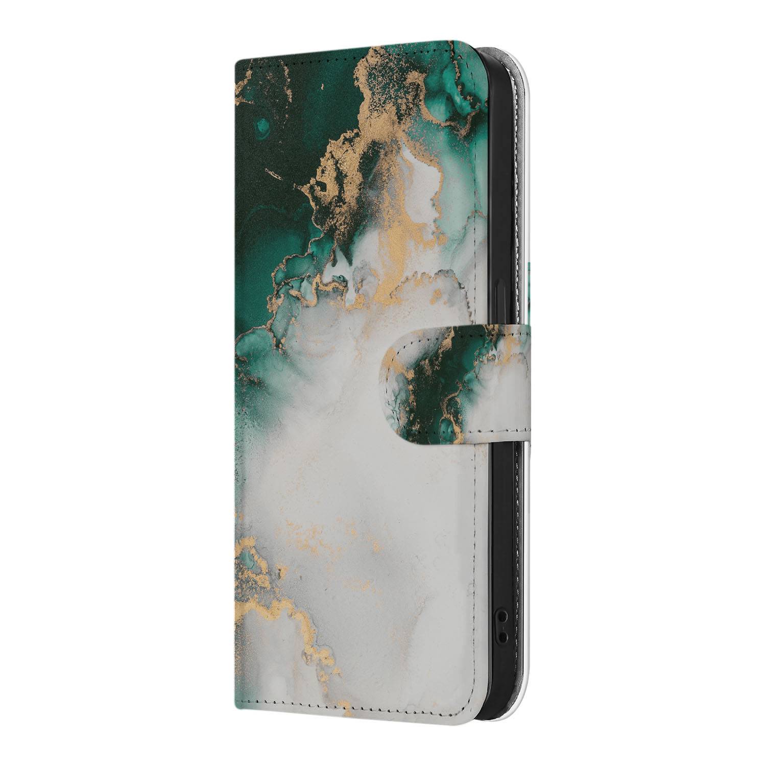 Bookcase voor iPhone 16e Marmer Groen met abstracte groene marmeren print en sluitlipje.