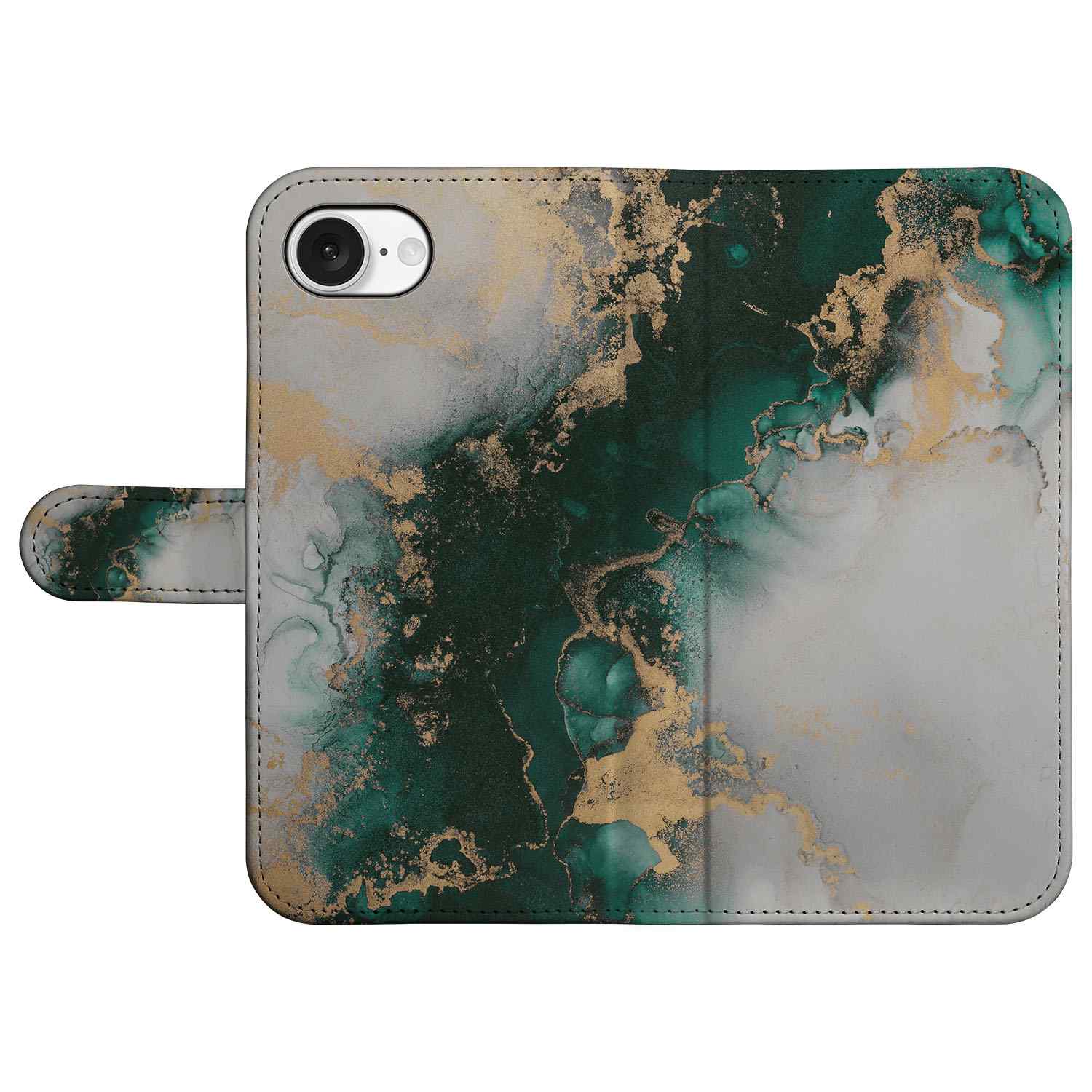Bookcase voor iPhone 16e Marmer Groen met groen en gouden marmerachtig design