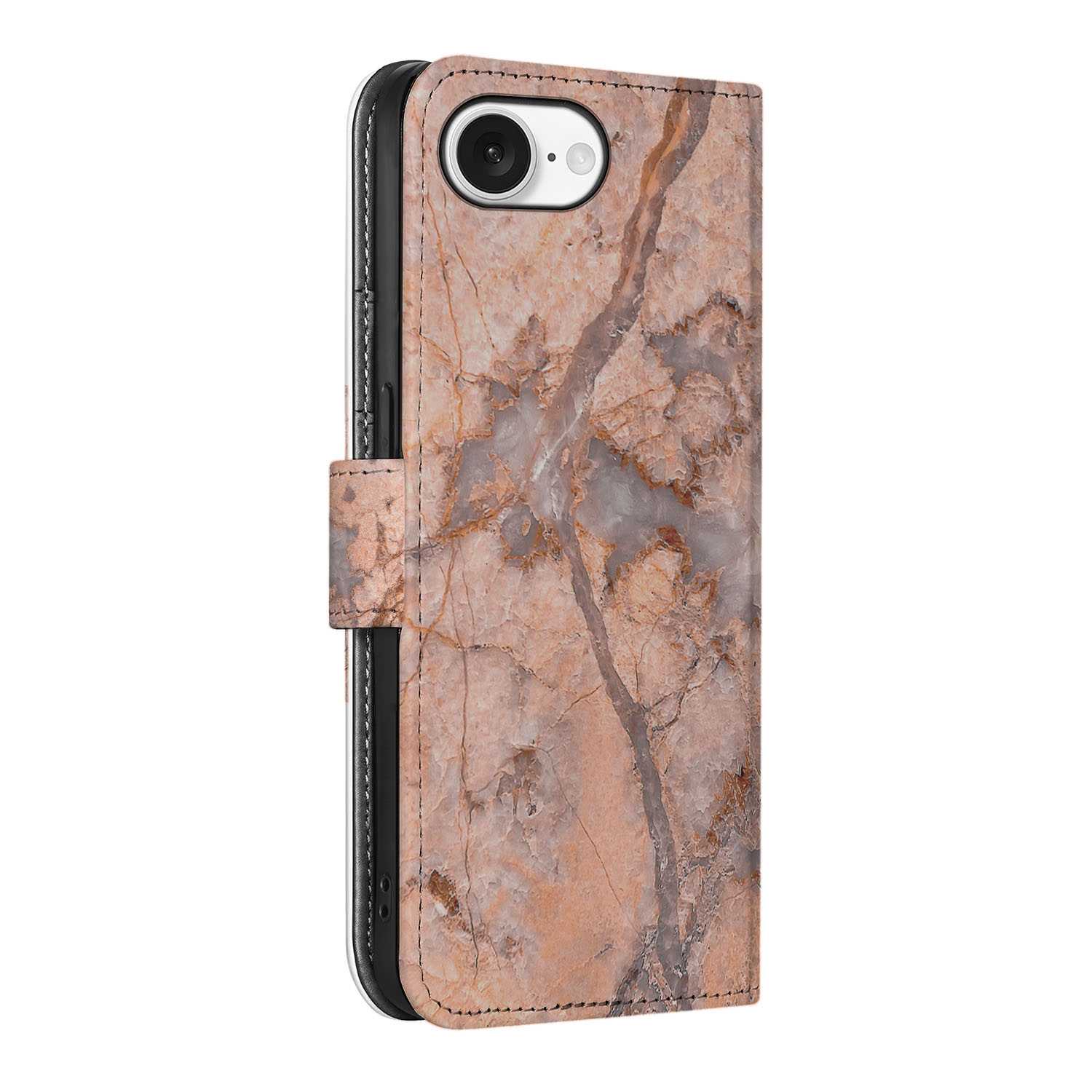 iPhone 16e Bookcase Marmer Oranje, stijlvolle marmer look, uniek design, smartphone beschermhoesje.