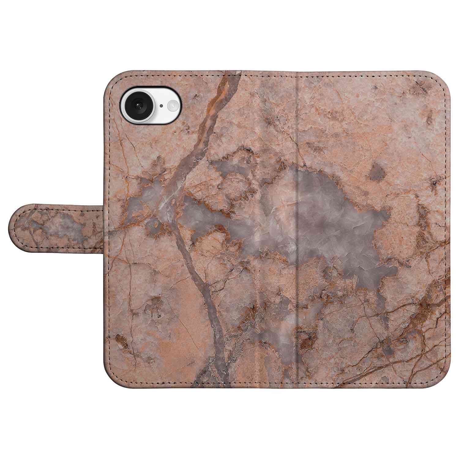 iPhone 16e Bookcase Marmer Oranje met uniek oranje marmerdesign en sterke bescherming voor je telefoon.