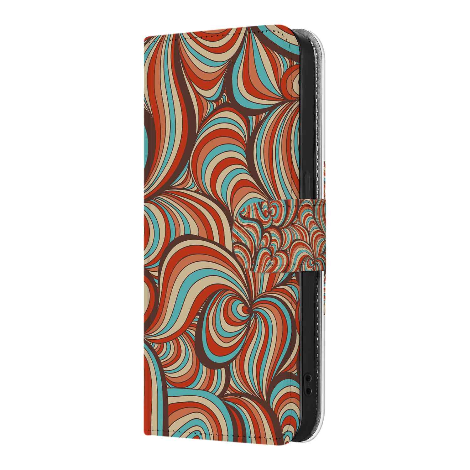 iPhone 16e Hoesje Retro met een kleurrijk retro patroon van gekrulde vormen.