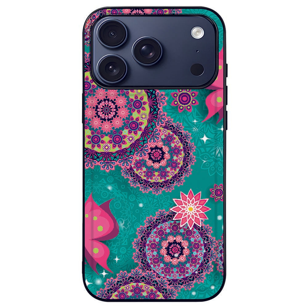 Apple iPhone 17 Pro Max Backcover Hoesje Cirkels en Vlinders achteraanzicht kleurrijk patroon