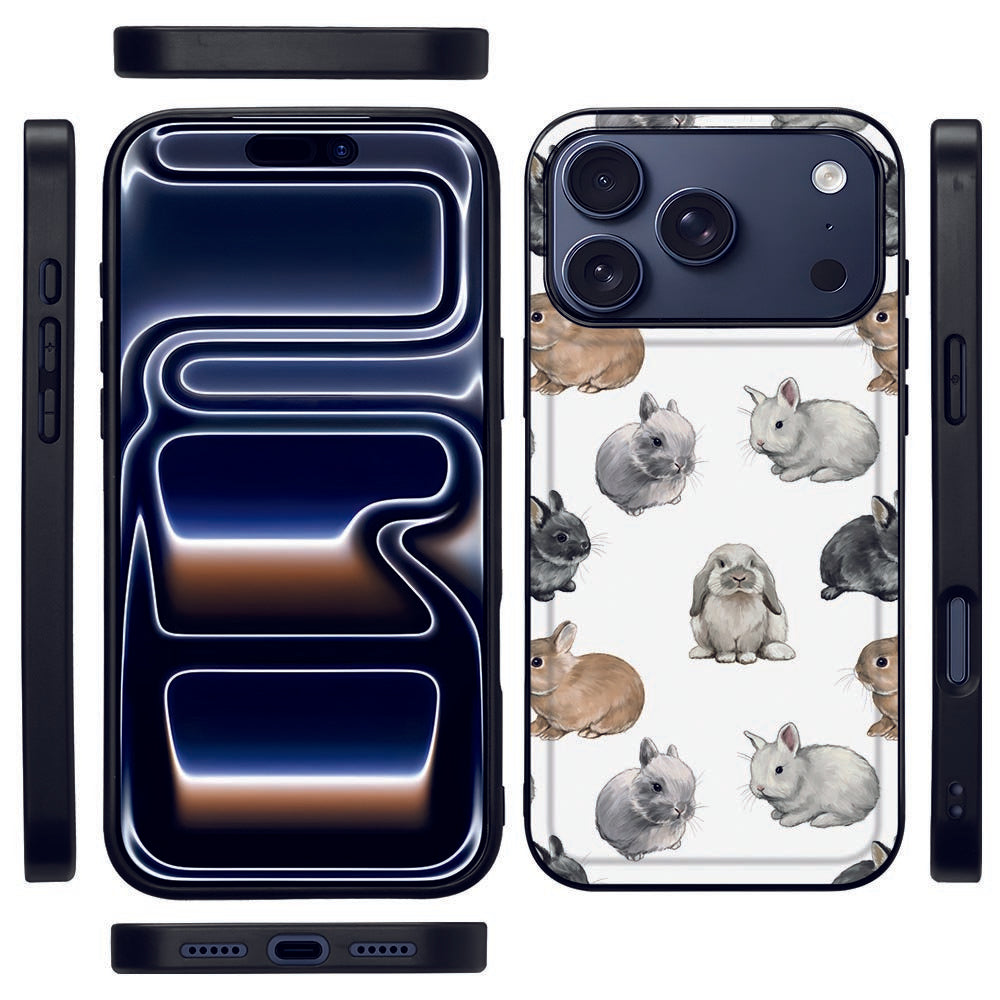 Hoesje iPhone 17 Pro Max Konijntjes Zwart TPU Rand En PU Kunstleer product afbeelding voorkant achterkant zijkanten