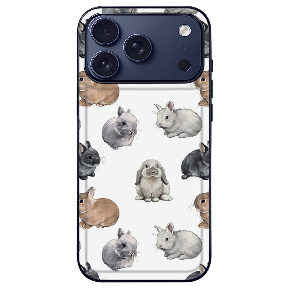 Hoesje iPhone 17 Pro Max Konijntjes Zwart TPU Rand En PU Kunstleer konijnen design achterzijde