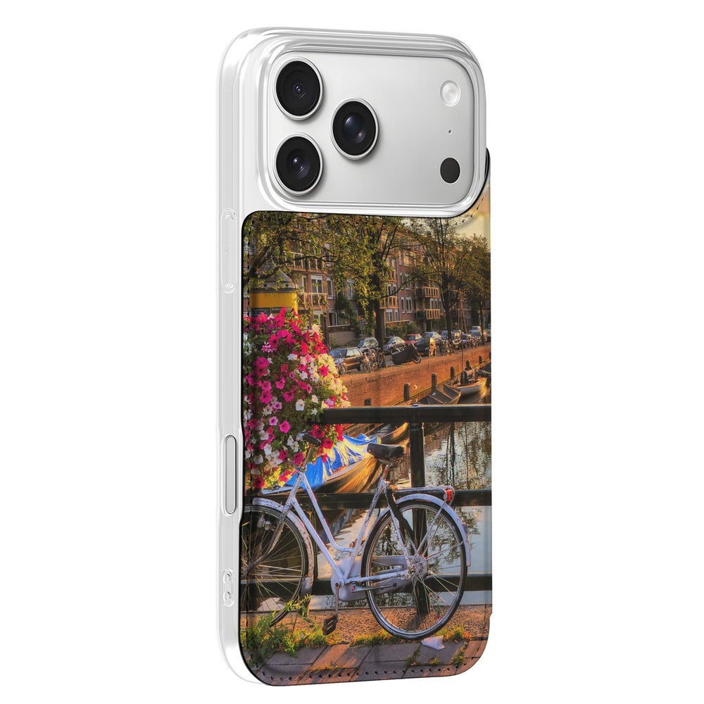 Apple iPhone 17 Pro Max Book Cover Amsterdamse Grachten zonsondergang fiets bloemen Amsterdam