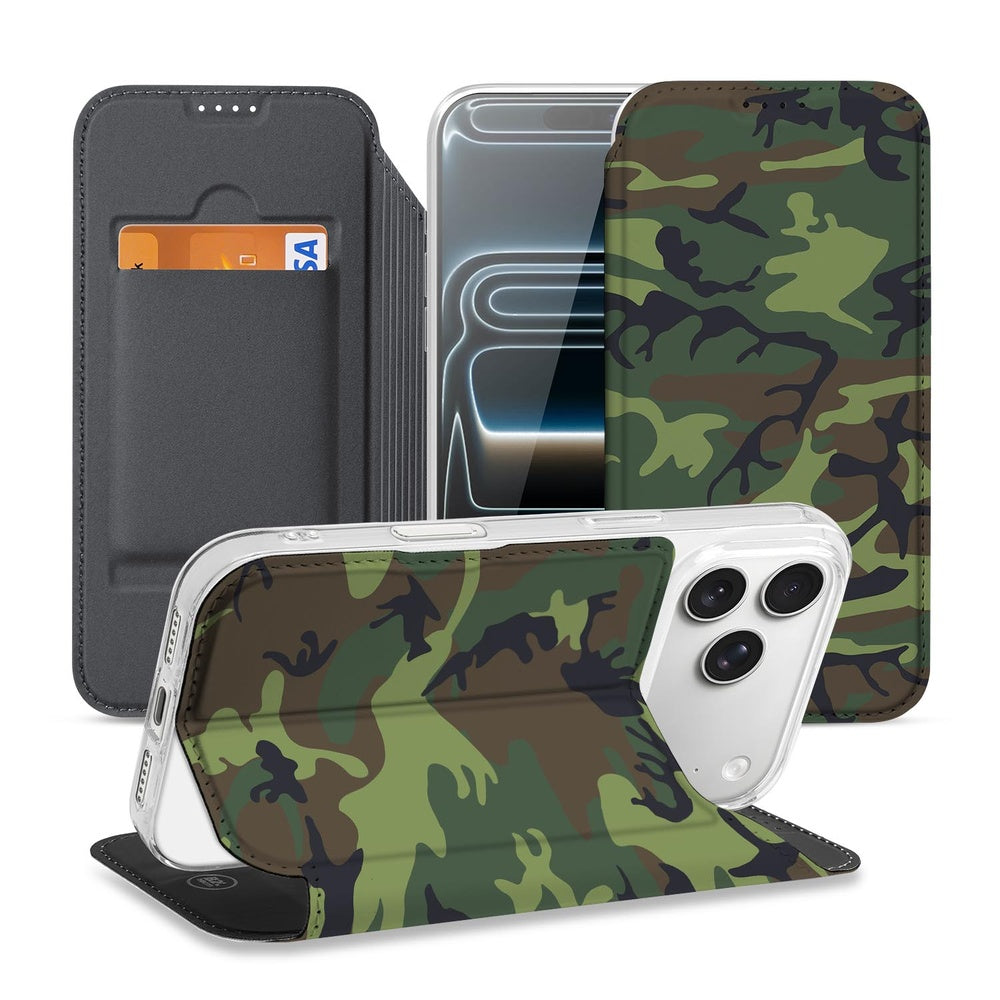 Apple iPhone 17 Pro Max Bookcase Army Dark camouflage design vooraan zijaanzicht