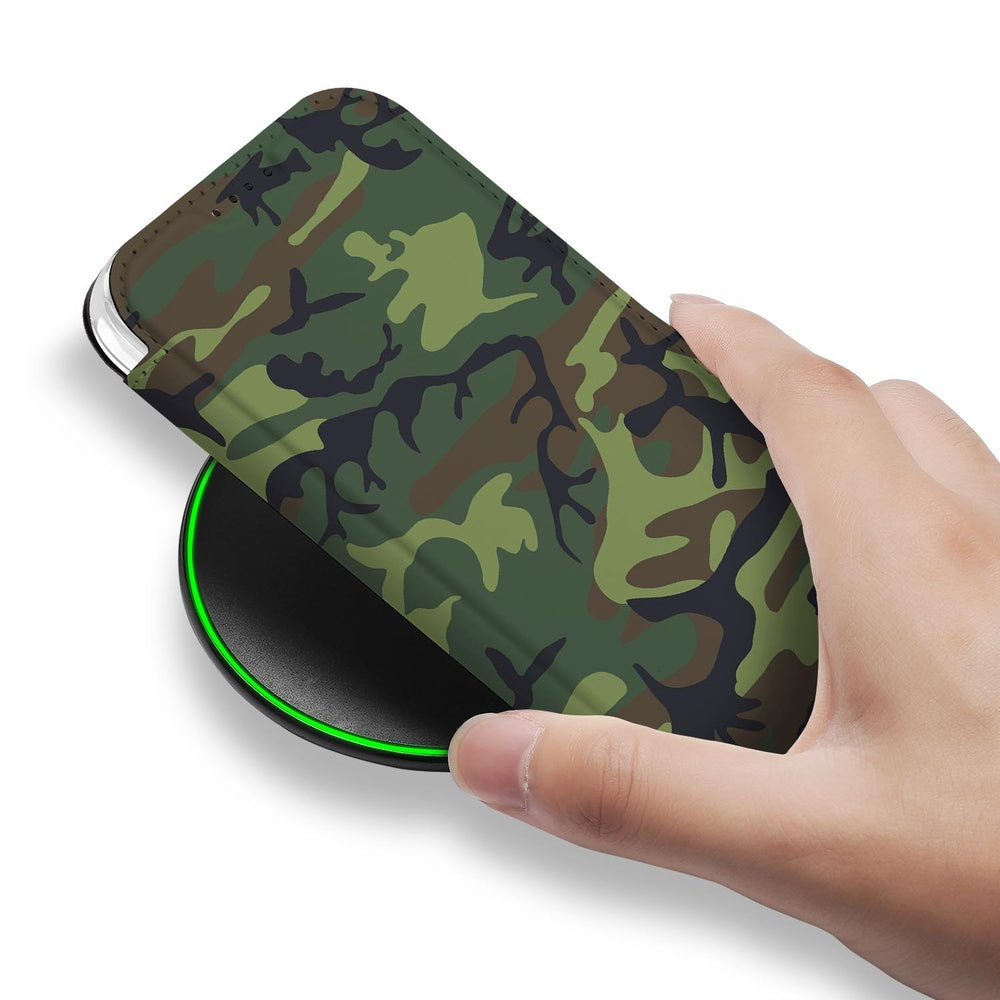 Apple iPhone 17 Pro Max Bookcase Army Dark camouflage design close-up