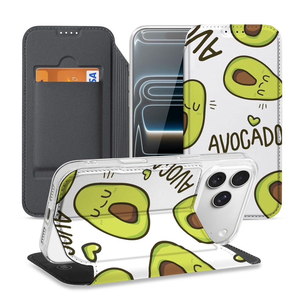 Apple iPhone 17 Pro Max Book Wallet Case Avocado Singing design voorkant zij aanzicht