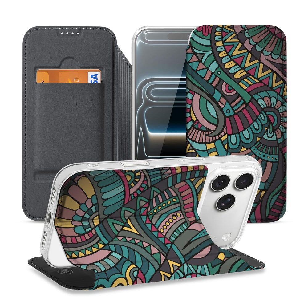 Apple iPhone 17 Pro Max Flip Style Cover Aztec boek hoes aztec patroon zijaanzicht decoratief