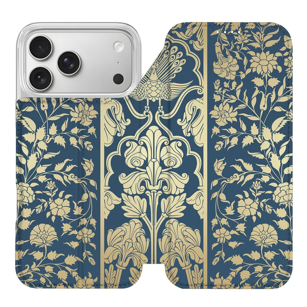 iPhone 17 Pro Max Smart Cover Hoesje Beige Flowers boekhoes ontwerp blauw gouden bloemen