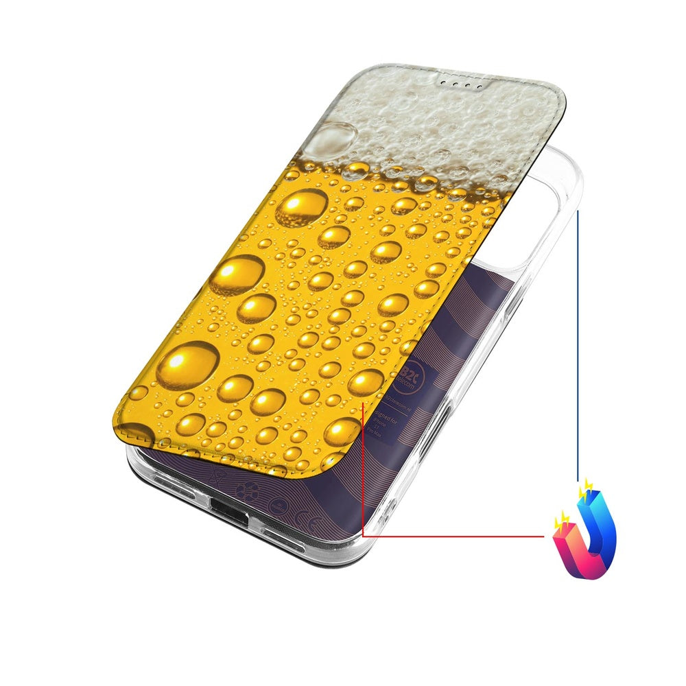 Apple iPhone 18 Pro Max Bier Book Case Bierprint voorkant met druppels en schuim