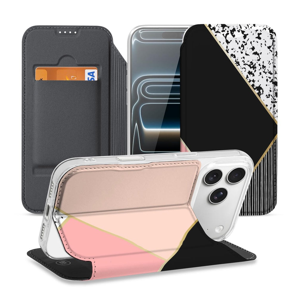 iPhone 17 Pro Max Black Pink Shapes Book Case zijaanzicht zwart roze design