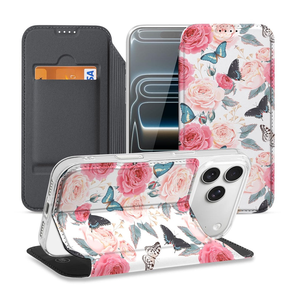 Apple iPhone 17 Pro Max Butterfly Roses book case front back side view design