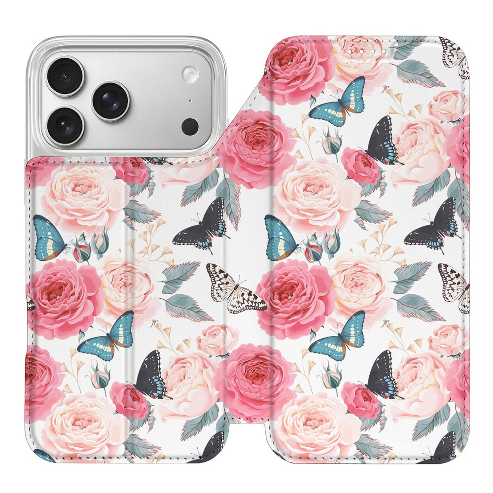 Apple iPhone 17 Pro Max Butterfly Roses boek hoesje met rozen vlinders design aanzicht