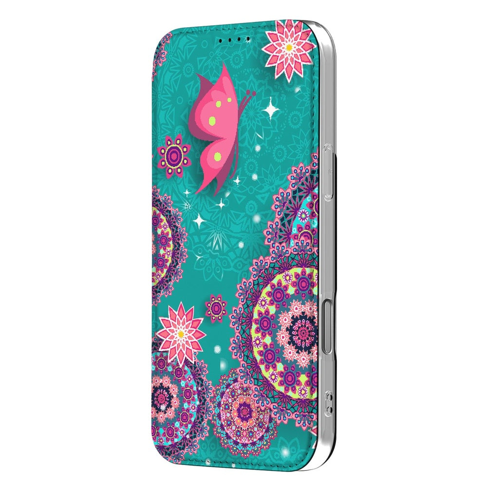 Apple iPhone 18 Pro Max Cirkels en Vlinders book case groene blauwe design met vlinders en cirkels zijaanzicht