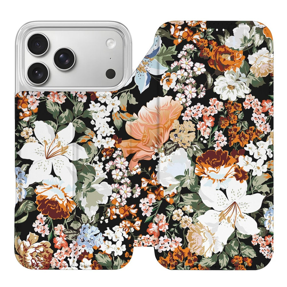 iPhone 17 Pro Max Dark Flowers boekhoes met bloemenontwerp aanzicht