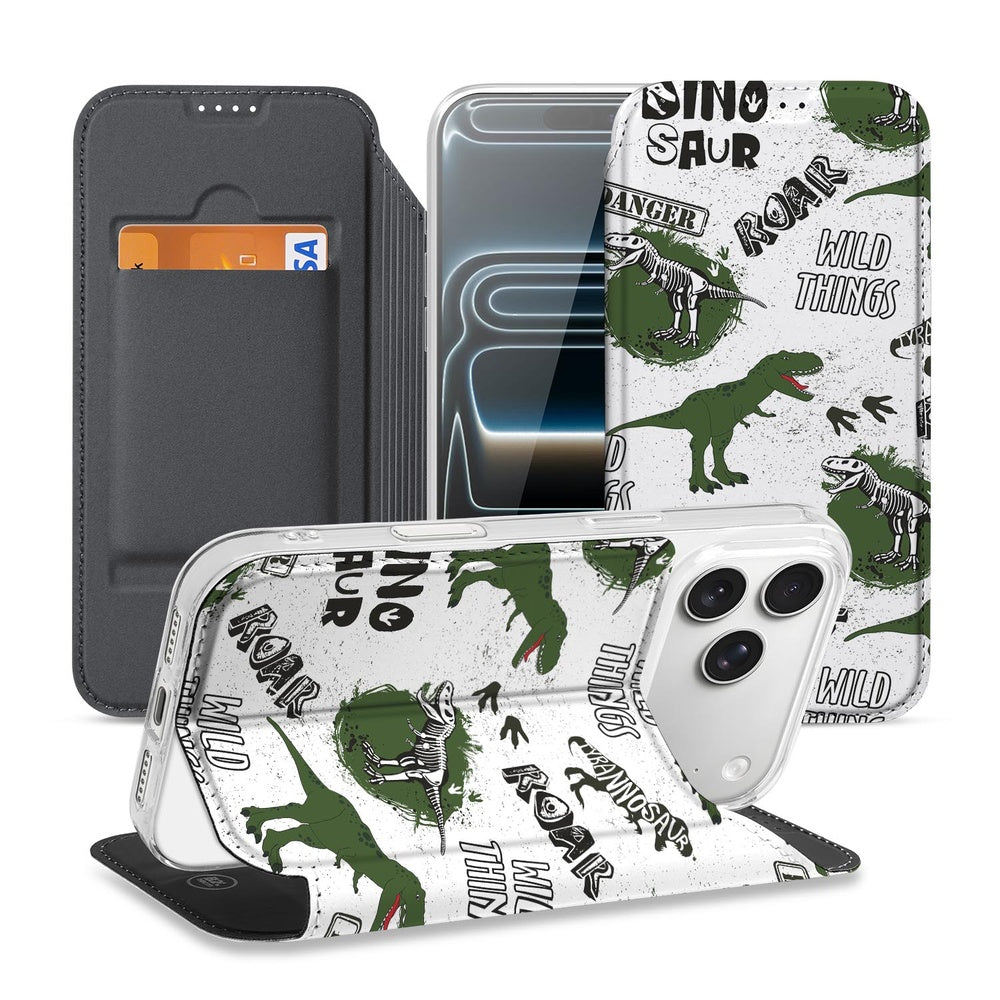 Apple iPhone 17 Pro Max Dinosaurus book case ontwerp dino illustraties aanzicht